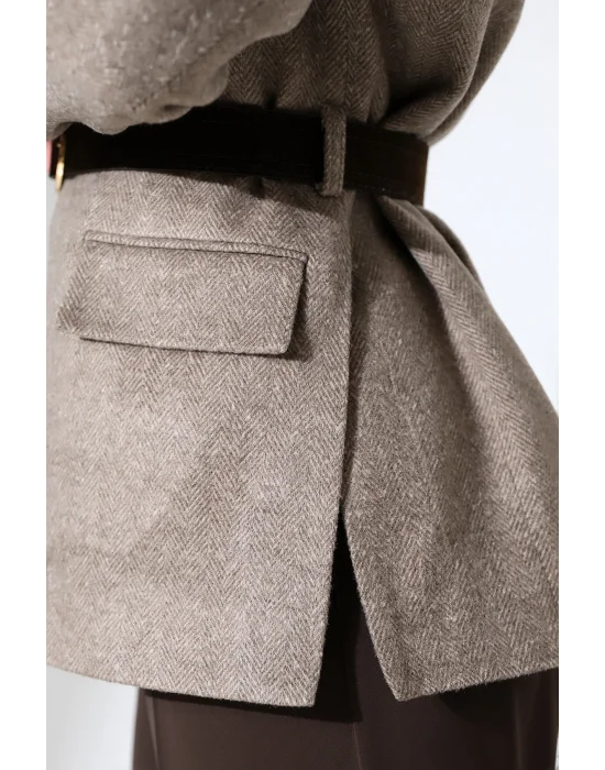 Kadın Kemerli Kaşe Blazer Ceket