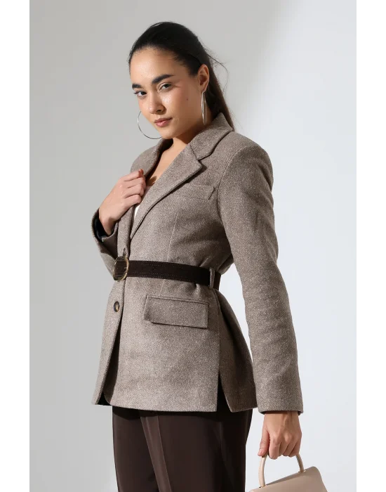 Kadın Kemerli Kaşe Blazer Ceket