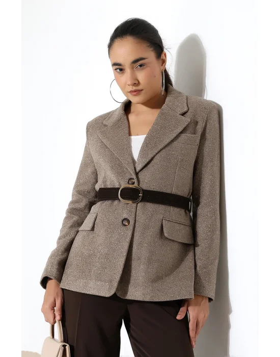 Kadın Kemerli Kaşe Blazer Ceket