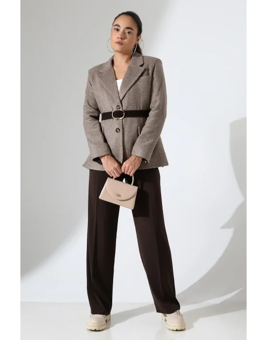 Kadın Kemerli Kaşe Blazer Ceket