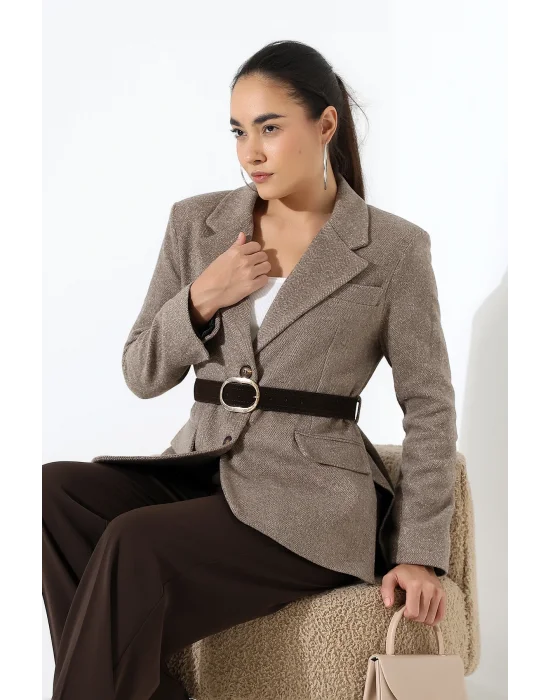Kadın Kemerli Kaşe Blazer Ceket