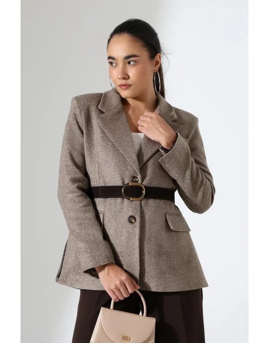 Kadın Kemerli Kaşe Blazer Ceket