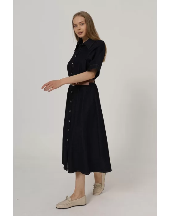 Kadın Kısa Kol Düğmeli Denim Elbise