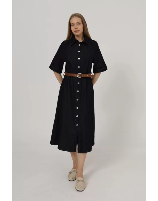 Kadın Kısa Kol Düğmeli Denim Elbise