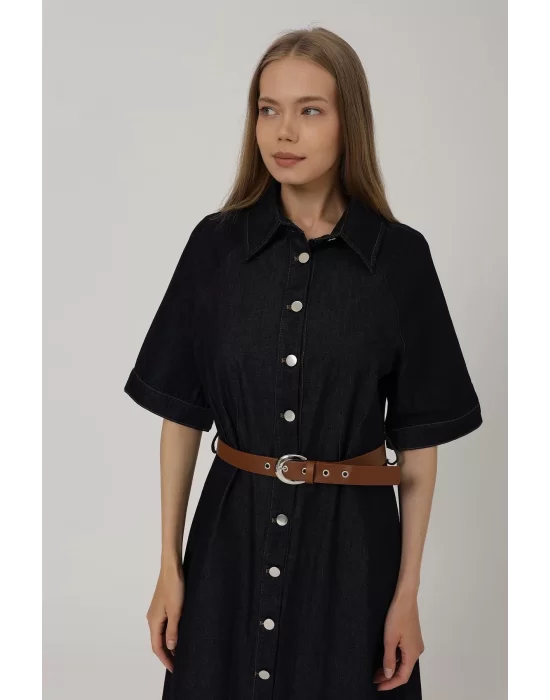 Kadın Kısa Kol Düğmeli Denim Elbise