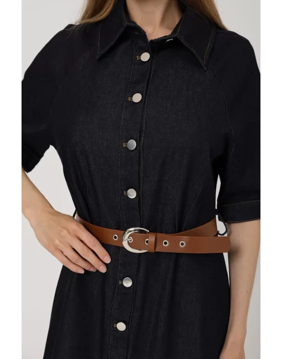 Kadın Kısa Kol Düğmeli Denim Elbise