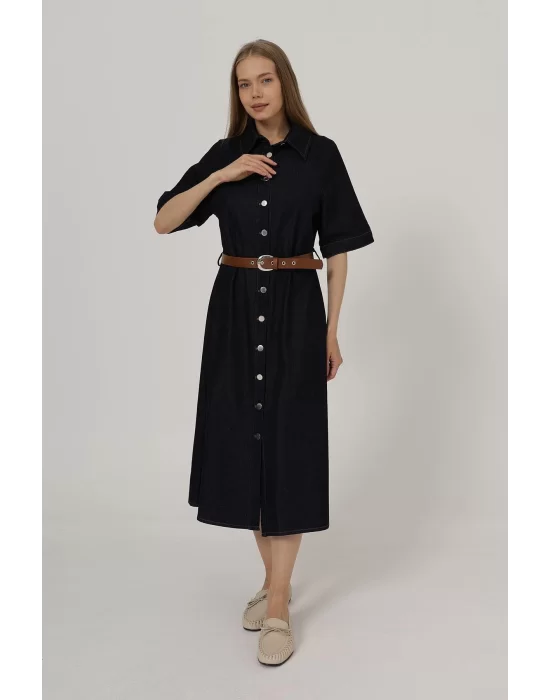Kadın Kısa Kol Düğmeli Denim Elbise