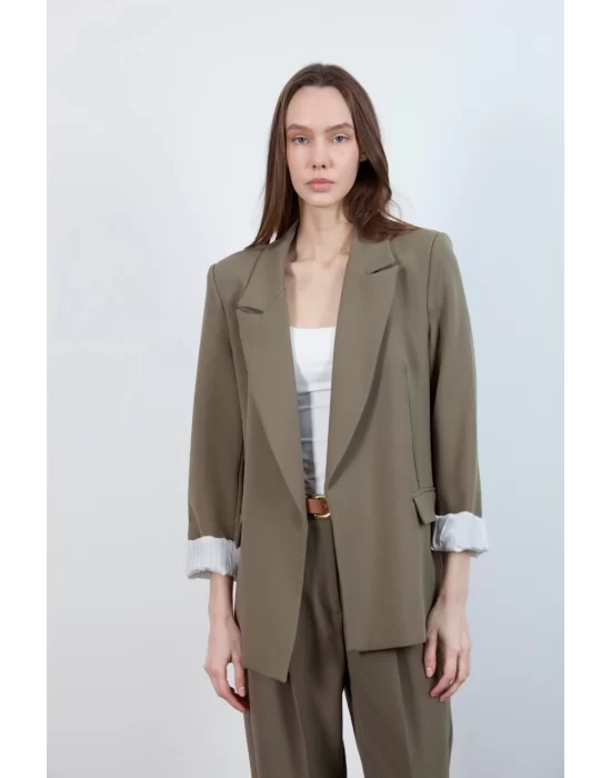 Kadın Kolu Katlamalı Haki Blazer Ceket