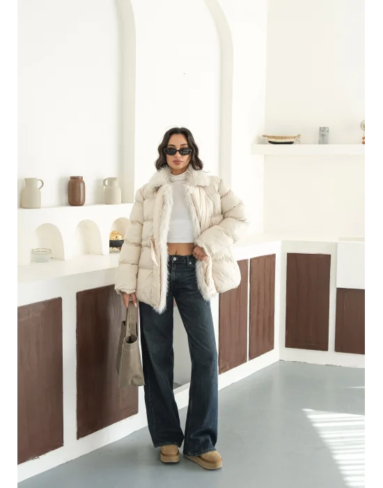 Kadın Kürk Detaylı Oversize Şişme Mont