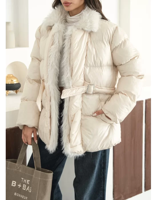 Kadın Kürk Detaylı Oversize Şişme Mont