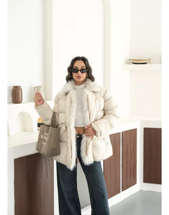 Kadın Kürk Detaylı Oversize Şişme Mont