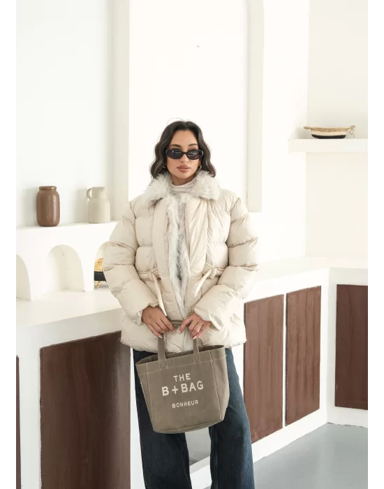 Kadın Kürk Detaylı Oversize Şişme Mont