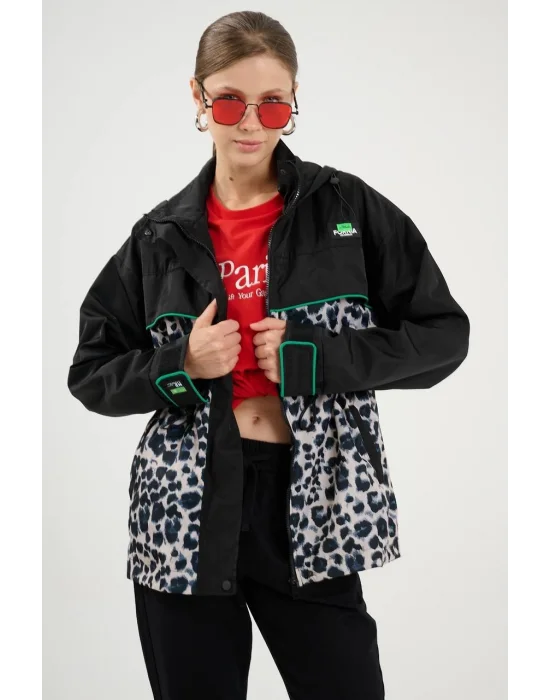 Kadın Leopar Desenli Yağmurluk Ceket