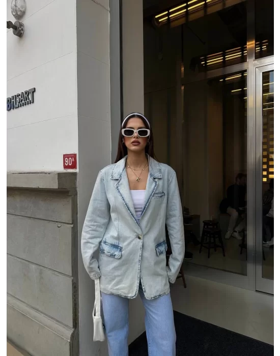 Kadın Mavi Denim Blazer Ceket