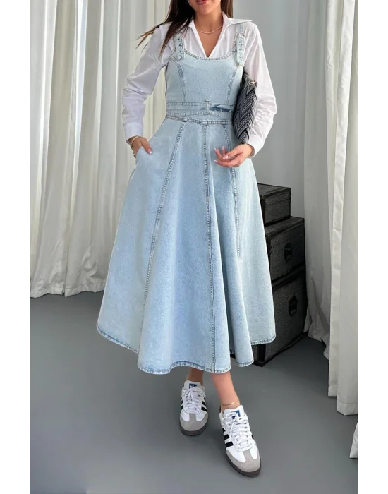 Kadın Midi Boy Bantlı Buz Mavi Kot Elbise