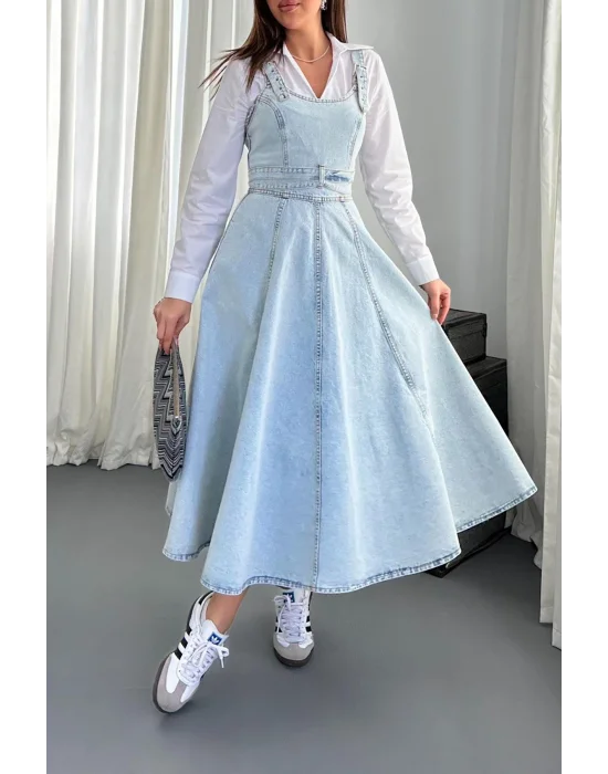 Kadın Midi Boy Bantlı Buz Mavi Kot Elbise