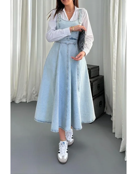 Kadın Midi Boy Bantlı Buz Mavi Kot Elbise