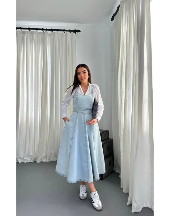 Kadın Midi Boy Bantlı Buz Mavi Kot Elbise