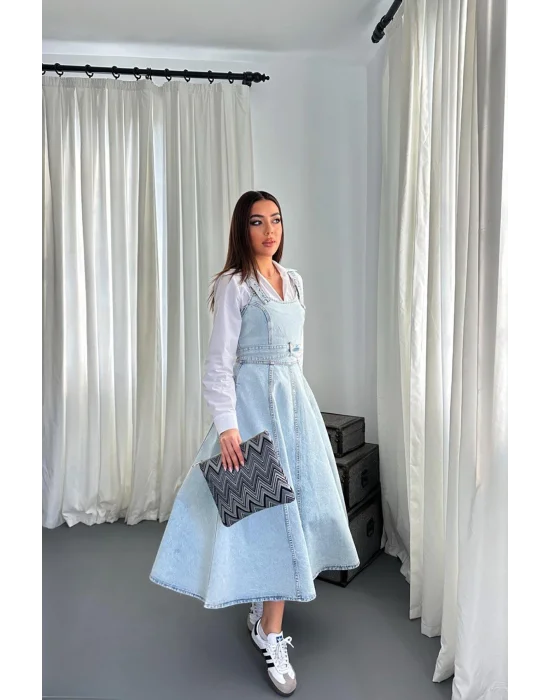 Kadın Midi Boy Bantlı Buz Mavi Kot Elbise