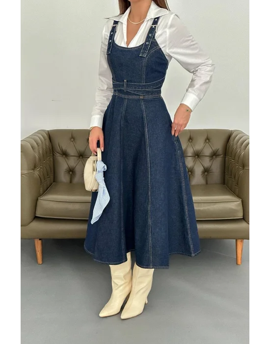 Kadın Midi Boy Bantlı Koyu Mavi Kot Elbise