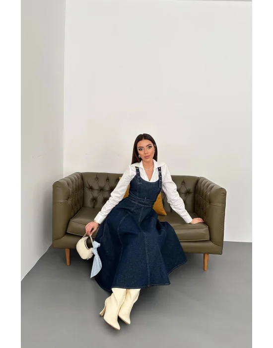 Kadın Midi Boy Bantlı Koyu Mavi Kot Elbise