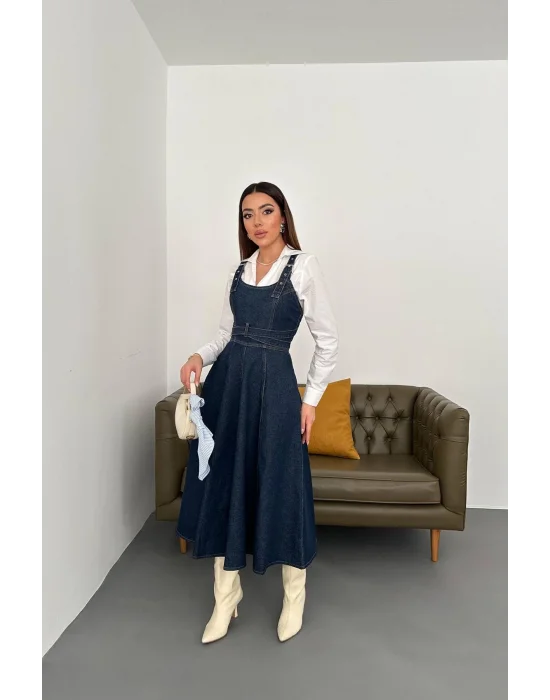 Kadın Midi Boy Bantlı Koyu Mavi Kot Elbise
