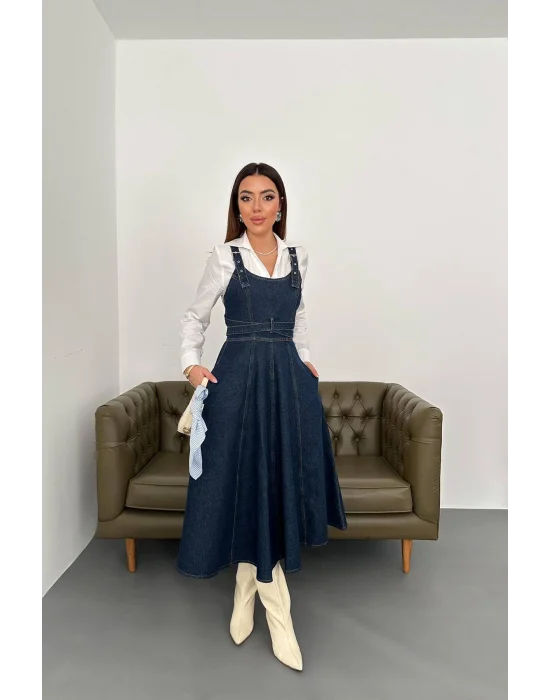Kadın Midi Boy Bantlı Koyu Mavi Kot Elbise