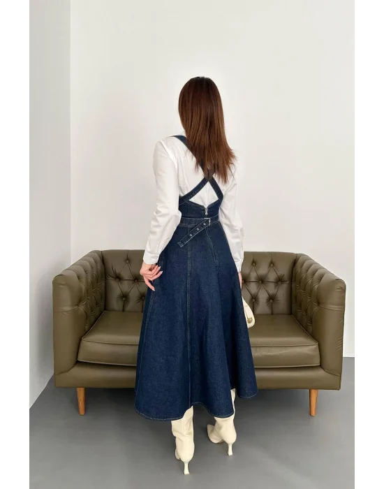 Kadın Midi Boy Bantlı Koyu Mavi Kot Elbise