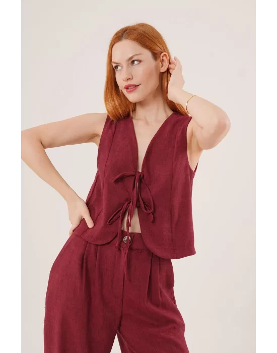 Kadın Ön Bağlama Detaylı Yelek Ve Pantolon Bordo Ikili Takım