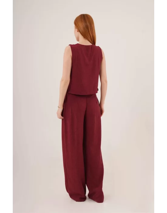 Kadın Ön Bağlama Detaylı Yelek Ve Pantolon Bordo Ikili Takım