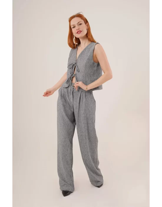 Kadın Ön Bağlama Detaylı Yelek Ve Pantolon Füme Ikili Takım