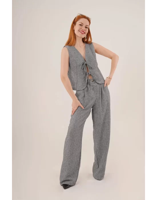 Kadın Ön Bağlama Detaylı Yelek Ve Pantolon Füme Ikili Takım