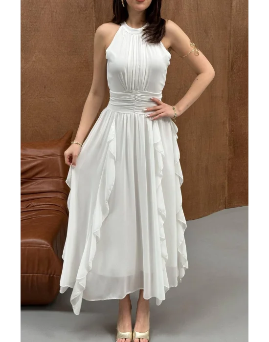Kadın Önü Büzgülü Fırfırlı Beyaz Uzun Elbise