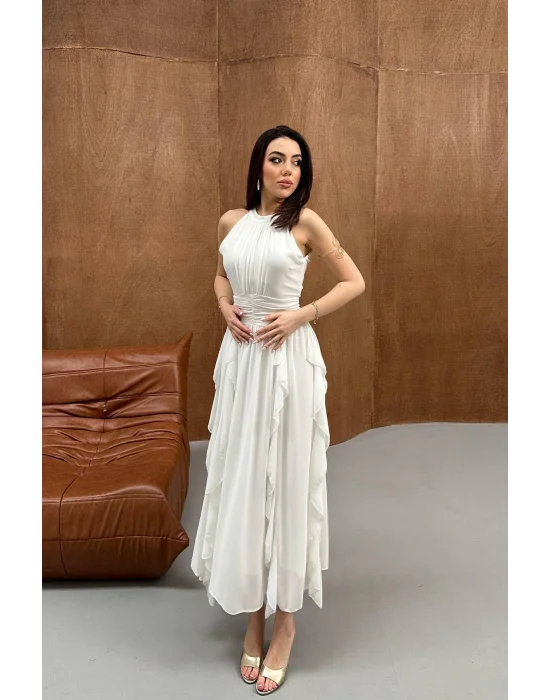 Kadın Önü Büzgülü Fırfırlı Beyaz Uzun Elbise