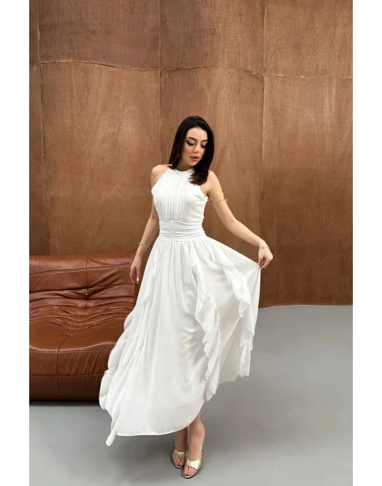 Kadın Önü Büzgülü Fırfırlı Beyaz Uzun Elbise