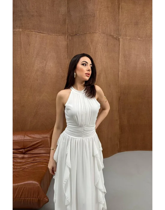 Kadın Önü Büzgülü Fırfırlı Beyaz Uzun Elbise