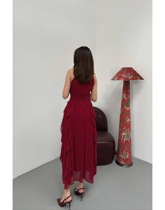Kadın Önü Büzgülü Fırfırlı Bordo Uzun Elbise