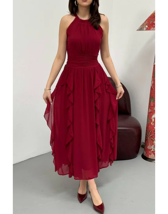 Kadın Önü Büzgülü Fırfırlı Bordo Uzun Elbise