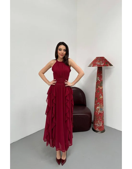 Kadın Önü Büzgülü Fırfırlı Bordo Uzun Elbise