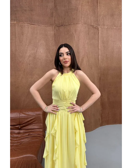 Kadın Önü Büzgülü Fırfırlı Sarı Uzun Elbise