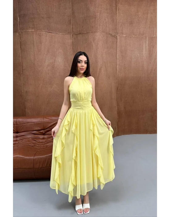 Kadın Önü Büzgülü Fırfırlı Sarı Uzun Elbise