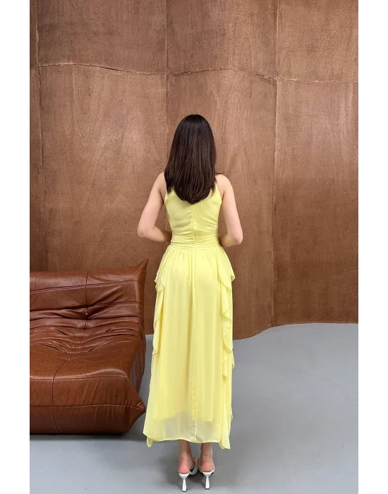 Kadın Önü Büzgülü Fırfırlı Sarı Uzun Elbise