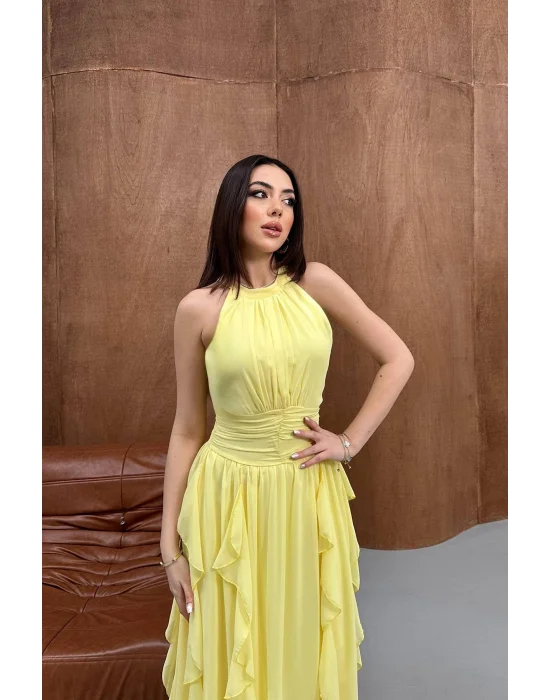 Kadın Önü Büzgülü Fırfırlı Sarı Uzun Elbise