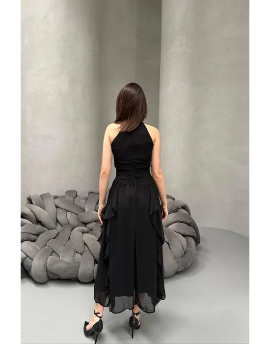 Kadın Önü Büzgülü Fırfırlı Siyah Uzun Elbise