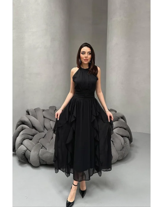 Kadın Önü Büzgülü Fırfırlı Siyah Uzun Elbise