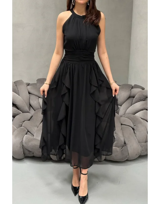 Kadın Önü Büzgülü Fırfırlı Siyah Uzun Elbise