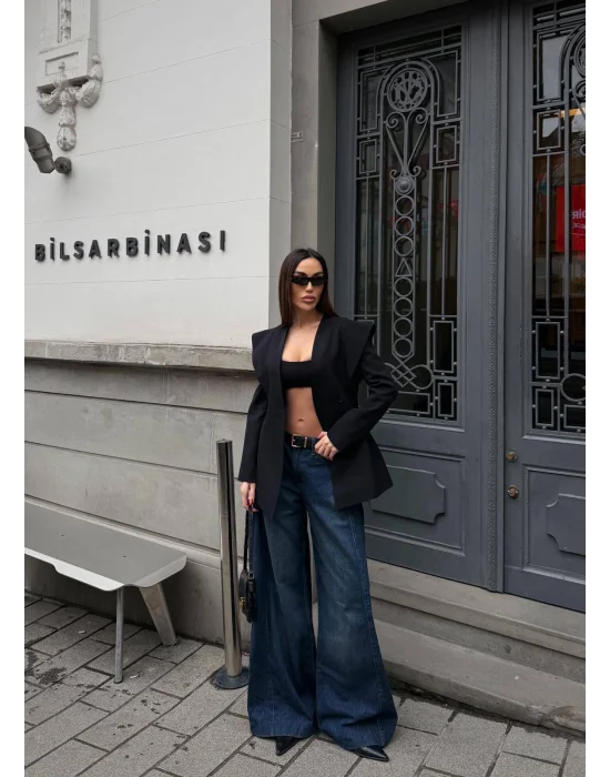 Kadın Pencere Detaylı Uzun Kollu Şık Siyah Blazer Ceket