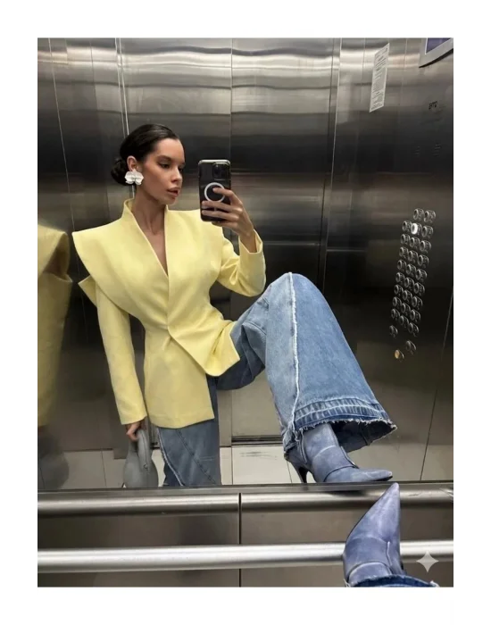 Kadın Pencere Detaylı Uzun Kollu Şık Sarı Blazer Ceket
