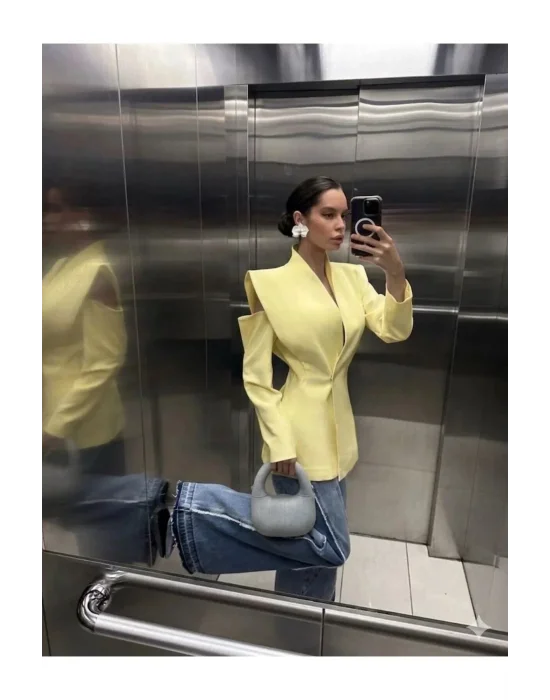 Kadın Pencere Detaylı Uzun Kollu Şık Sarı Blazer Ceket