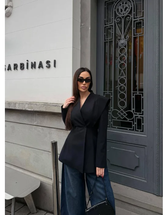Kadın Pencere Detaylı Uzun Kollu Şık Siyah Blazer Ceket